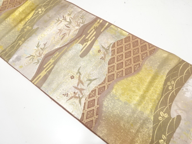 引箔　霞に草花模様織り出し　袋帯